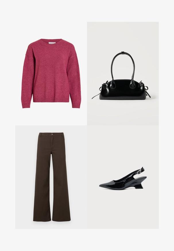 Pull à manches longues avec col rond en rose foncé chiné, poignets et ourlet côtelés, tissu en maille douce, coupe décontractée.; Pantalons larges taille haute marron foncé avec fermeture à bouton et passants de ceinture, présentés sur un fond blanc uni.; Chaussure slingback en cuir verni noir avec bout pointu et petit talon bloc incliné sur fond clair uni.; Petit sac à main noir brillant avec deux longues anses et des détails à cordon sur les côtés sur un fond clair uni.