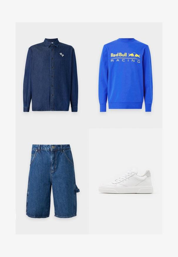 Blå sweatshirt lavet af bomuld, med ribbet rund hals og lange ærmer. Forskellen viser et stort gult "Red Bull Racing" logo.; Mørkeblå denimskjorte med knappelukning foran, lange ærmer og spids krave. Har en hvid broderet "RP"-logo.; Denim shorts i en mellemblå farve, med høj talje, to forlommer og en sidelomme med strop. Glat tekstur, afslappet design.; Hvide lædersneakers med en glat finish, rund tå, flade snørebånd og en struktureret sål. Grå ruskindsdetalje ved hælen.