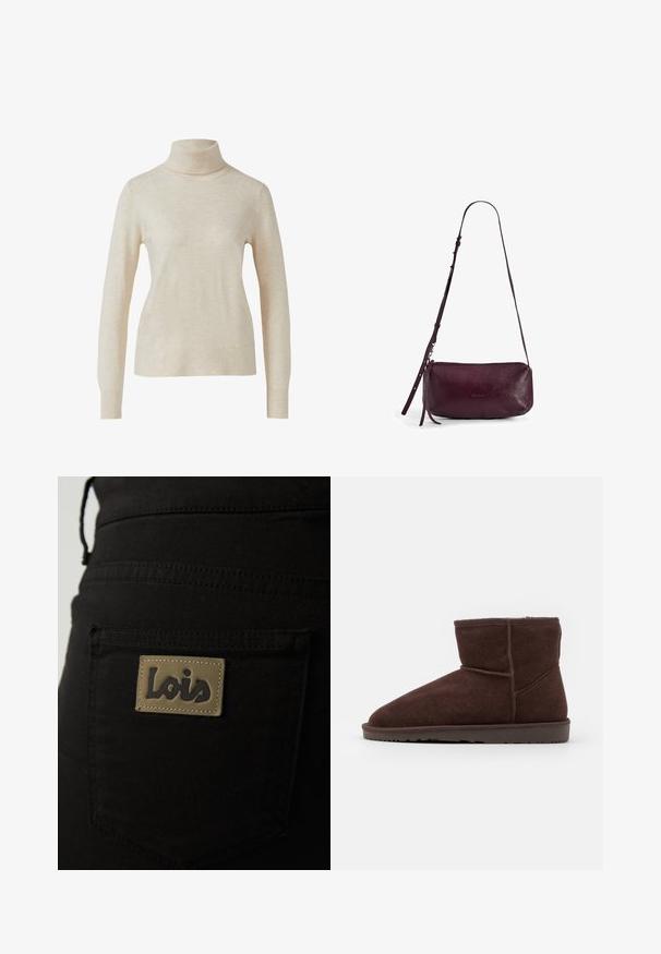 Beige coltrui gemaakt van zacht gebreid materiaal, met lange mouwen en een aansluitend ontwerp. Glad textuur met een subtiele glans.; Zwarte stoffen broek met een achterzak voorzien van een tan label met het logo "Lois" in donkere letters. Stitchingdetails zichtbaar.; Bruine suède enkellaarsjes met een ronde neus en zachte binnenvoering, voorzien van een platte rubberen zool en ton-sur-ton stikselaccenten.; Bordeaux leren schoudertas met een korrelige textuur, langwerpige vorm, verstelbare schouderriem en ritsluiting. Inclusief zilveren hardware accenten.