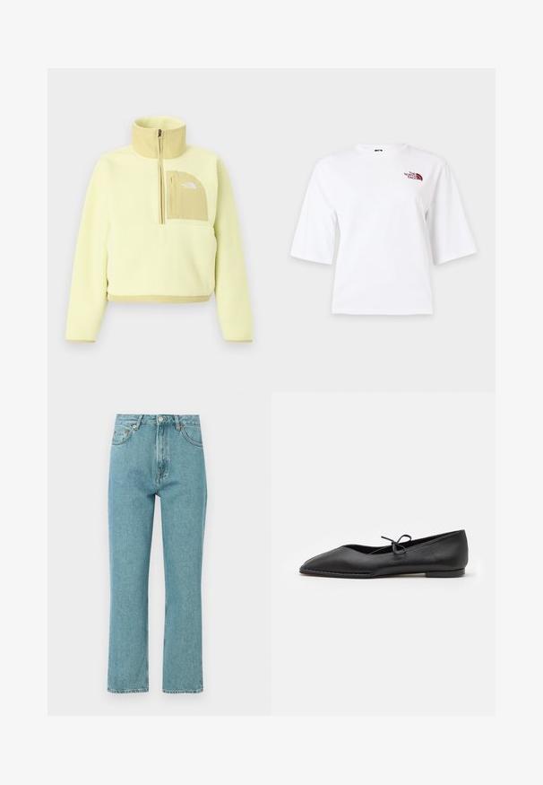 Pull polaire jaune clair avec demi-fermeture éclair, col montant et poche poitrine beige avec le logo The North Face.; The North Face HIKE PICNIC BOXY SHORT SLEEVE TEE GRAPHIC - T-shirt imprimé - white; Jeans bleu clair taille haute avec une coupe droite. Fabriqués en denim, comportent des poches frontales et une fermeture à bouton.; ALOHAS SWAY - Ballerines - black