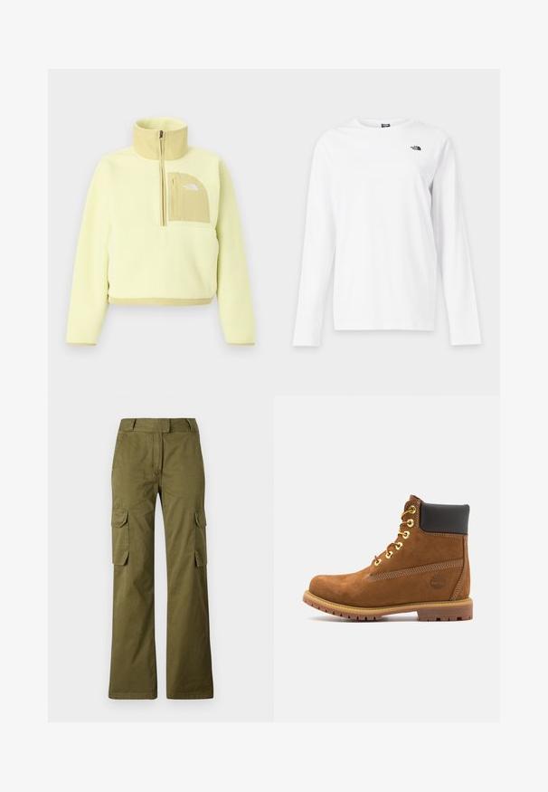 Hellgelber Fleece-Pullover mit halbem Reißverschluss, hohem Kragen und beiger Brusttasche mit The North Face Logo.; Weißes Langarmshirt mit Rundhalsausschnitt und kleinem schwarzem The North Face-Logo auf der linken Brust.; Olivgrüne Cargo-Hose aus Baumwollmischung, mit geradem Bein, zwei seitlichen Taschen und einem Knopfverschluss am Bund.; Braune Wildleder-Stiefelette mit schwarzem gepolstertem Kragen, goldenen Ösen, Schnürung an der Vorderseite und Gummisohle mit strukturiertem Muster.