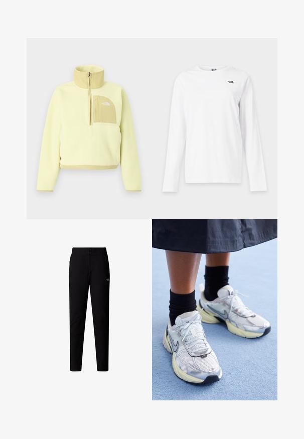 Lichtgele fleece trui met halve rits, hoge kraag en beige borstzak met het The North Face-logo.; Wit shirt met lange mouwen en ronde hals met klein zwart The North Face-logo op de linkerborst.; The North Face W QUEST SOFTSHELL PANTS - Broek - tnf black; Witte en zilveren Nike sneakers van meshstof, met reflecterende accenten en een beige zool. Gedragen met zwarte sokken, staand op een blauwe ondergrond.