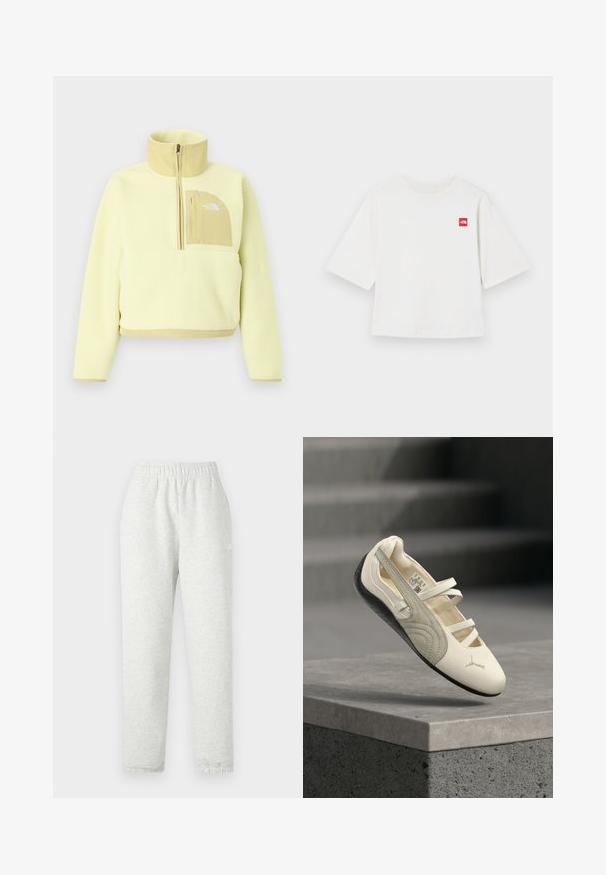 Lysegul fleece-trøje med halv lynlås, høj krave og beige brystlomme med The North Face-logo.; Hvid kortærmet t-shirt lavet af bomuld. Har et lille rødt firkantet logo på venstre brystområde. Lige pasform. Blød tekstur.; Lys grå sweatpants med elastisk talje, tapered ben og ribbede manchetter. Fremstillet af et blødt, tekstureret stof. Hvid logo detalje på siden.; Hvid og grå balletflat-sneaker med tre elastiske stropper og sort sål, vist i luften over en betonhylde.