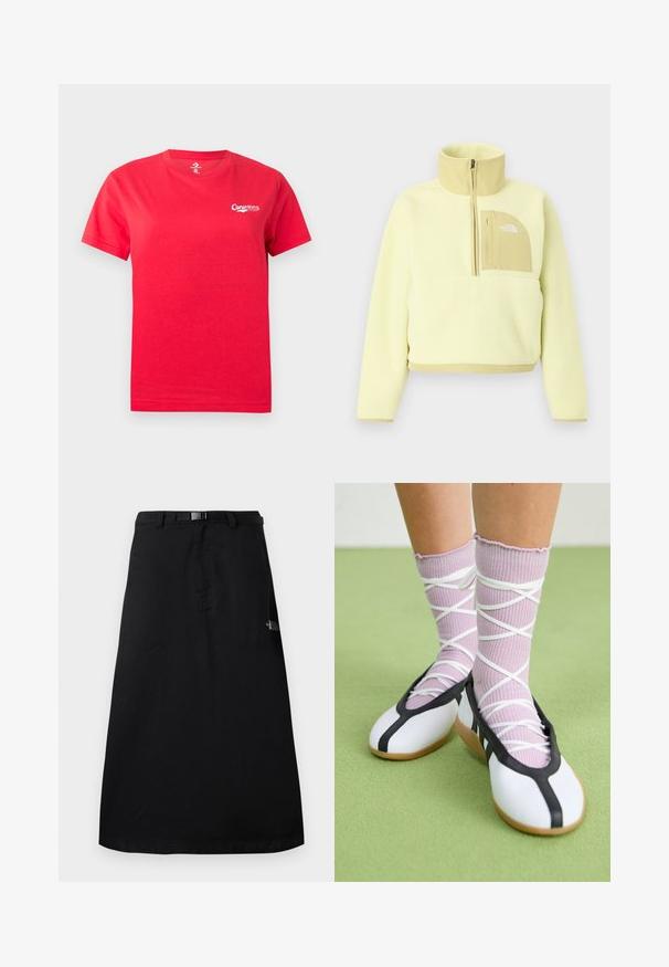 Pull polaire jaune clair avec demi-fermeture éclair, col montant et poche poitrine beige avec le logo The North Face.; T-shirt rouge à manches courtes avec col rond, petit logo blanc "Converse" sur le côté gauche de la poitrine.; Jupe midi noire avec ceinture à taille ajustable et logo The North Face sur le côté droit.; Jambes portant des chaussettes lavande côtelées avec des brides blanches croisées, associées à des ballerines blanches avec un bord noir sur un sol vert.
