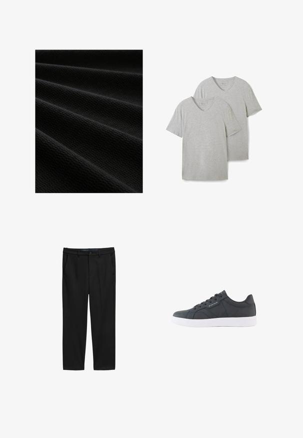 Tela negra texturizada con un patrón acanalado, que muestra múltiples pliegues y ondas, destacando un acabado mate y una apariencia duradera.; Dos camisetas de cuello en V grises, hechas de una tela suave y ligera. Tienen mangas cortas y un ajuste casual y relajado.; Pantalones negros de corte recto, hechos de una tela texturizada. Presenta dos bolsillos frontales y un cierre de botón en la cintura.; Zapatilla negra de corte bajo con suela blanca, cierre de cordones en la parte frontal y una discreta marca "Tom Tailor" en el lateral y la lengüeta.