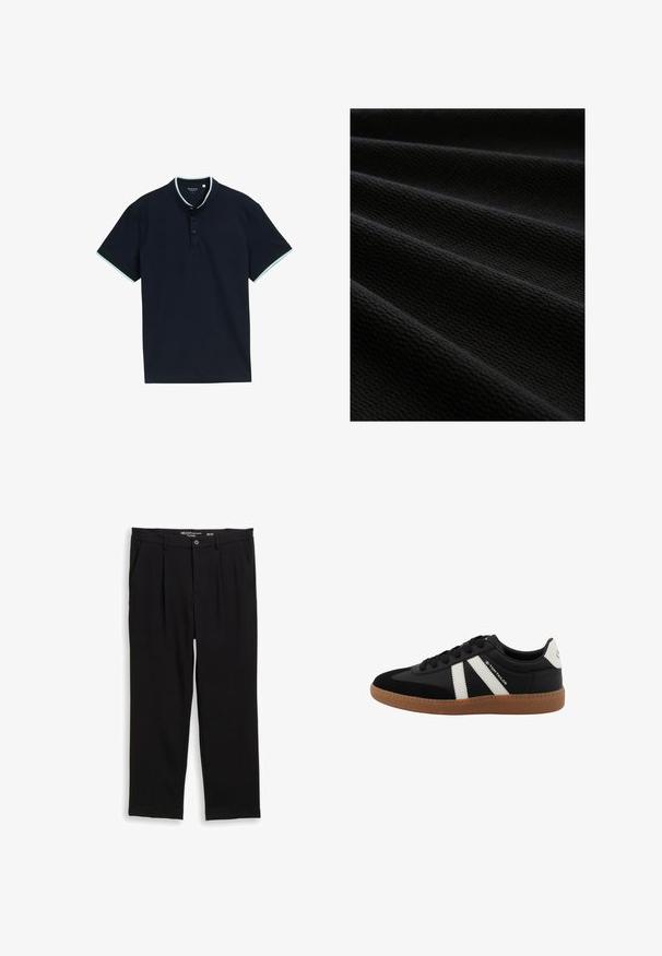 Sort tekstureret stof med et ribbet mønster, der viser flere folder og bølger, hvilket fremhæver en mat finish og et holdbart udseende.; Marineblå polo t-shirt med tekstureret stof, der har en stående krave, tre knapper og lyseblå detaljer på kraven og ærmerne.; Sorte bukser lavet af blødt stof, med en løs pasform, to frontlommer og en knaplukning med en lille talje.; Sort sneakers med hvide striber, lavet af blødt læder og ruskind, med en gummisål og tekstureret tåhætte. Snøres design.