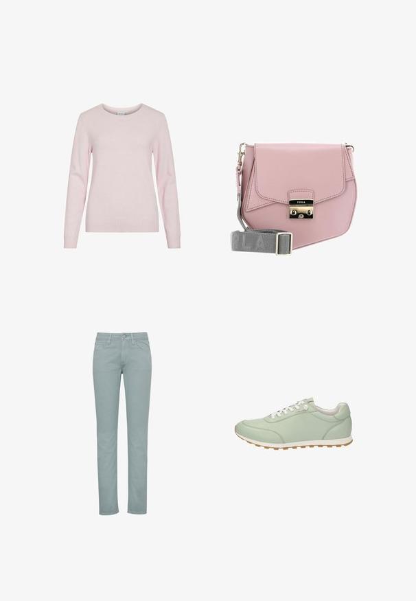 Pull en maille rose clair à manches longues avec encolure ronde et poignets et ourlet côtelés, présenté sur un fond blanc.; Jean en denim bleu clair avec une coupe droite, style cinq poches et fermeture par bouton à l'avant. Texture lisse et détail de couture minimaliste.; Baskets basses vert clair avec lacets blancs, semelle intermédiaire blanche et semelle extérieure en caoutchouc brun clair à crampons, vues de profil.; Sac à bandoulière en cuir rose avec un rabat, quincaillerie argentée, et une bandoulière grise arborant le nom de la marque. Texture lisse, design minimaliste.