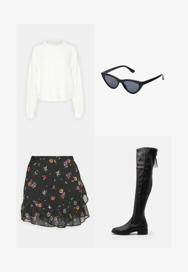 Pull en maille blanche avec un col rond, des manches longues et une coupe décontractée. Présente un motif texturé et un ourlet et des poignets côtelés.; Vero Moda VMCAROLINA KAS SKIRT - Minijupe - black; Bottes noires en cuir montantes avec une texture lisse, bout arrondi et semelle en caoutchouc. Elles présentent un design ajusté et un détail de lien à l'arrière.; Lunettes de soleil noires en forme d'œil de chat avec des verres gris foncé, monture en plastique élégante, coins pointus et branches droites. Pas de métal visible ni d'accents.