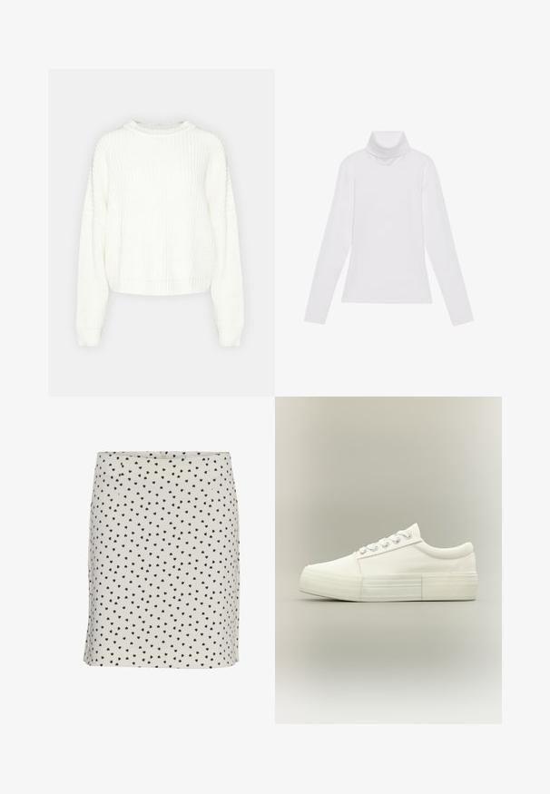 Hvid, strikket sweater med rund hals, lange ærmer og en afslappet pasform. Har et tekstureret mønster samt ribbet kant og manchetter.; Hvid langærmet turtle-neck top lavet af glat, strækbart stof. Har en høj krave og tætsiddende design, uden synlige mønstre eller udsmykninger.; Knælængde nederdel i cremefarvet stof med sorte hjerte mønstre. Har et tætsiddende design og lynlås bagpå. Glat tekstur overalt.; Hvid lavtopet sneaker med tyk sål, metaløjer og snørebånd, vist fra siden på en ensfarvet lys baggrund.