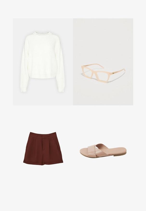 Hvid, strikket sweater med rund hals, lange ærmer og en afslappet pasform. Har et tekstureret mønster samt ribbet kant og manchetter.; Bordeaux shorts lavet af et glat stof, med et klassisk design med flad front, sidelommer og optrukket kant.; Flad beige slip-in sandal med to brede overlappende remme og en enkel sål, vist fra siden på hvid baggrund.; Gucci briller med en blød pink tekstureret plastikramme, rektangulær form, klare linser og hardware-accents i guldfarve.
