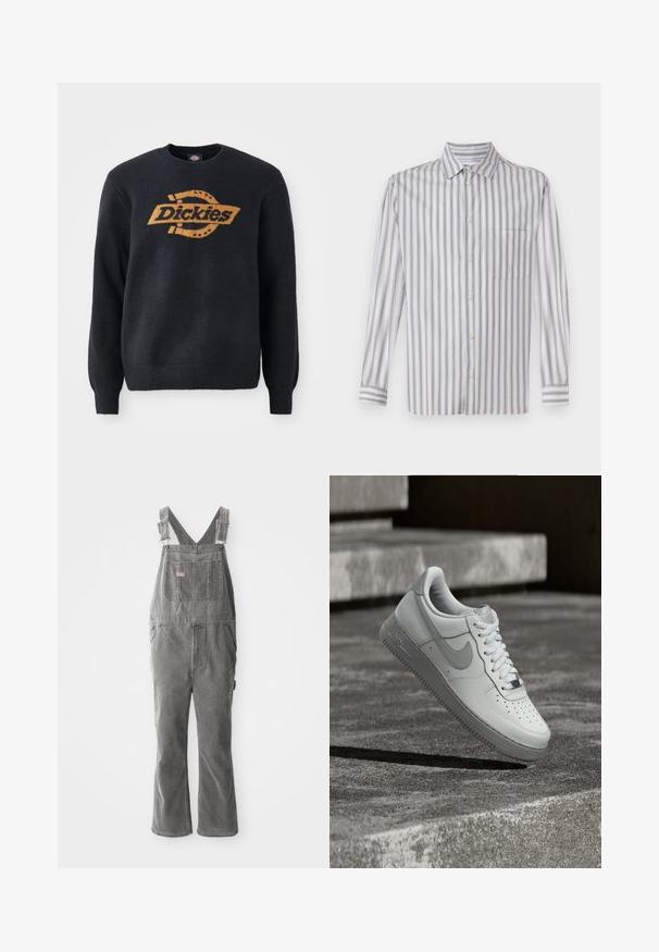 Must have ümmargune kaelusega must kudum, mille ees on suur oranž "Dickies" logo. Ribatud mansetid ja alläär, pehme tekstuur.; Heles hall värvi nööpidega särk, millel on valged vertikaalsed triibud, pikad varrukad, krae, ühekordne rinnatasku ja õrn tekstuur.; Hallid hallid denim üleüldpäevarõivad reguleeritavate rihmadega, esipaneeli taskuga, külgtaskutega ja laienevate jalgadega. Tugev kangas ja mugav lõige igapäevaseks kasutamiseks.; Valge Nike Air Force 1 tossujalg õhus tekstureeritud betoonpinna kohal, taustal kivist trepiastmed.