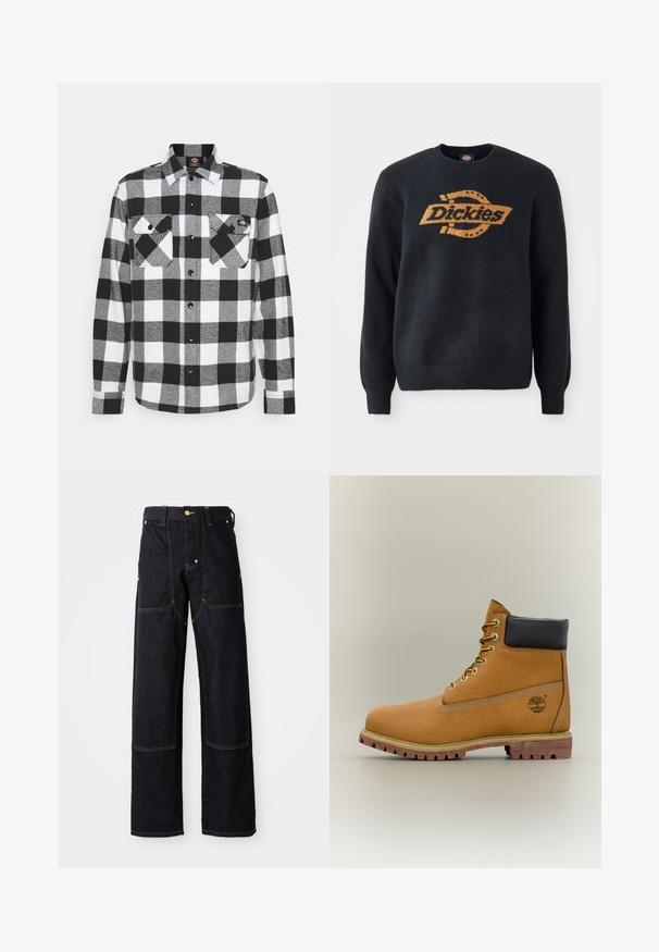 Must have ümmargune kaelusega must kudum, mille ees on suur oranž "Dickies" logo. Ribatud mansetid ja alläär, pehme tekstuur.; Mustriga must-valge särk, millel on kahe rinnataskuga, nööpidega eesosa ja krae. Pehme, tekstuuriga kangas.; Tumedast sinisest denimpüksist sirge lõikega, millel on kollased õmblused ja eesmine taskud. Kangas näeb välja tugev ja tekstuurne.; Pruun nahast pahkluu saabas musta kraega, kollaste paelte ja beežide tallaga. Omab logo ja valge õmbluse detaile. Tugeva haardega välistald.