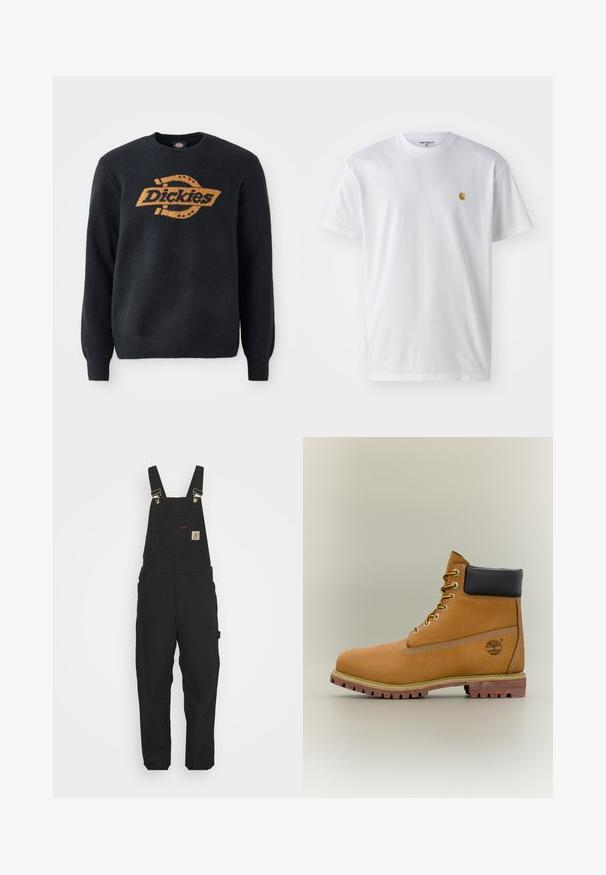 Sort strik sweater med rund hals, prydet med et stort orange "Dickies" logo på brystet. Ribvede manchetter og kant, blød tekstur.; Hvid bomulds t-shirt med korte ærmer, rund hals og et lille guld logo på venstre brystområde. Blød tekstur og almindelig pasform.; Sorte bomuldsoveralls med justerbare stropper, en forlommes med logo patch og to sidelommer i en afslappet pasform.; Brun læderankelstøvle med sort krave, gule snørebånd og tanfarvet sål. Har logo og hvide syninger som detalje. Robust ydersål med greb.