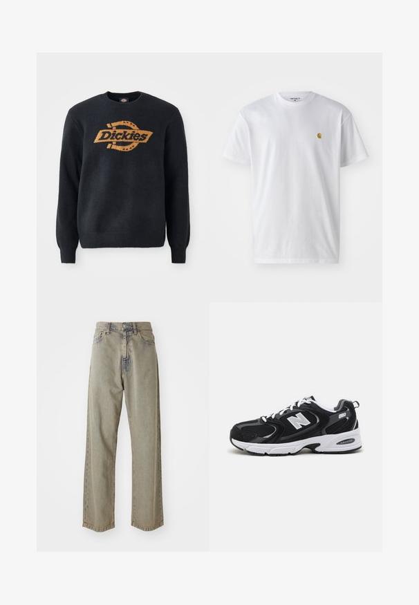 Schwarzer Strickpullover mit Rundhalsausschnitt, ausgestattet mit einem großen orangefarbenen "Dickies"-Logo über der Brust. Rippbündchen und -saum, weiche Textur.; Weißes Baumwoll-T-Shirt mit kurzen Ärmeln, Rundhalsausschnitt, mit einem kleinen goldenen Logo im linken Brustbereich. Weicher Stoff und normale Passform.; Helle graue, weit geschnittene Jeans aus Denim, mit einer ausgebleichtenen Textur, sichtbaren Nähten und traditionellem Knopf- und Reißverschluss.; Schwarze und graue Sportschuhe mit Obermaterial aus Mesh und Wildleder, ausgestattet mit einer weißen Zwischensohle, Schnürsenkeln und einem markanten "N"-Logo an der Seite.