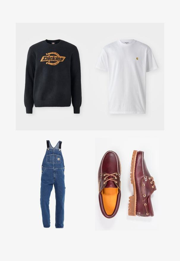 Čierny pletený sveter s okrúhlym výstrihom, na prednej strane s veľkým oranžovým logom "Dickies". Hladké manžety a lem, mäkká textúra.; Biele bavlnené tričko s krátkymi rukávmi, okrúhlym výstrihom, s malým zlatým logom na ľavej strane hrude. Mäkká textúra a normálny strih.; Jeansi s nastaviteľnými čiernymi ramienkami v stredne modrom odtieni, s viacerými vreckami a kovovými detailmi.; Bordové kožené topánky s hnedými gumovými podrážkami, okrúhlou špičkou, bielym prešívaním a zlatými kovaniami. Interiér má žlté podšívku.