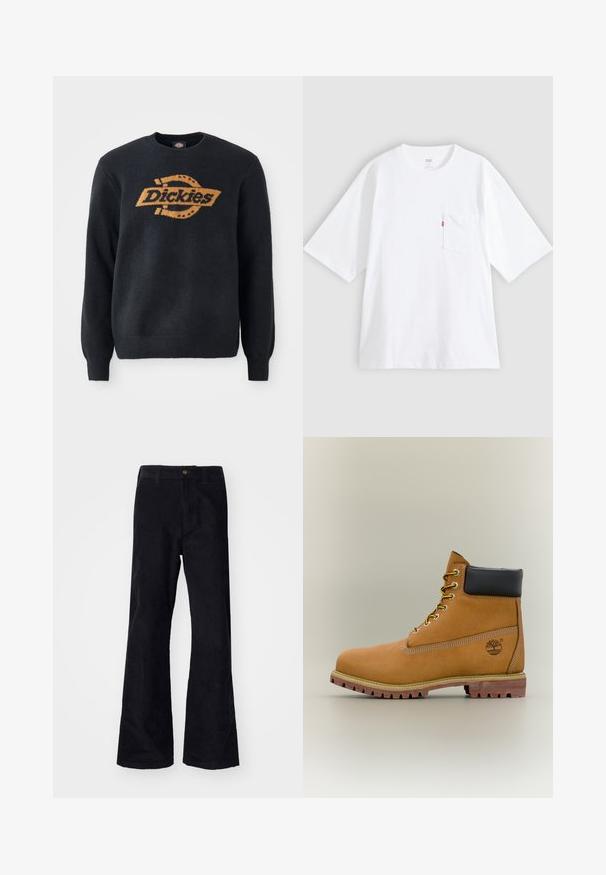 Sort strik sweater med rund hals, prydet med et stort orange "Dickies" logo på brystet. Ribvede manchetter og kant, blød tekstur.; Hvid bomulds-T-shirt med korte ærmer, rund hals og lomme på venstre bryst. Har en lille rød logoetiket på lommen.; Sorte, bomuldsforlængede bukser med en traditionel linning, enkelt forreste knap og lommer på siderne og bagpå. Glat tekstur.; Brun læderankelstøvle med sort krave, gule snørebånd og tanfarvet sål. Har logo og hvide syninger som detalje. Robust ydersål med greb.