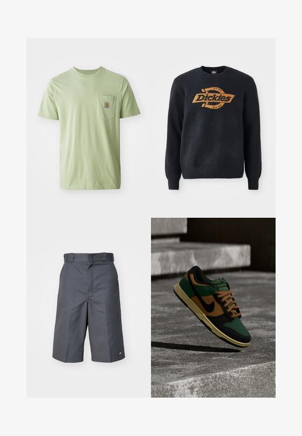 Schwarzer Strickpullover mit Rundhalsausschnitt, ausgestattet mit einem großen orangefarbenen "Dickies"-Logo über der Brust. Rippbündchen und -saum, weiche Textur.; Helles grünes T-Shirt mit kurzen Ärmeln aus weichem Stoff, mit einer Brusttasche und einem quadratischen Logo-Patch. Schlichtes, unverziertes Design.; Graue Shorts aus robustem Stoff, mit geradem Schnitt, zwei Seitentaschen und einem kleinen Logo auf der Gesäßtasche.; Nike-Sneaker in Grün, Braun und Schwarz mit beige-farbenen Schnürsenkeln schwebt über Betontreppen.
