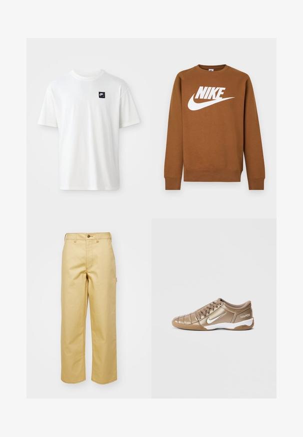 Bruine crewneck sweater met lange mouwen met een groot wit Nike-logo en swoosh op de borst tegen een effen achtergrond.; Witte katoenen t-shirt met korte mouwen en een ronde hals; heeft een klein zwart rechthoekig Nike Air logo op de linkerkant van de borst.; Beige, wijde broek van katoen met een sluiting aan de voorkant, riemlussen en zijzakken. Soepele textuur met zichtbare stikdetails.; Nike Total 90 III voetbalschoenen in metallic goud met een witte swoosh, met een gladde textuur, vetersluiting en rubberen zool.