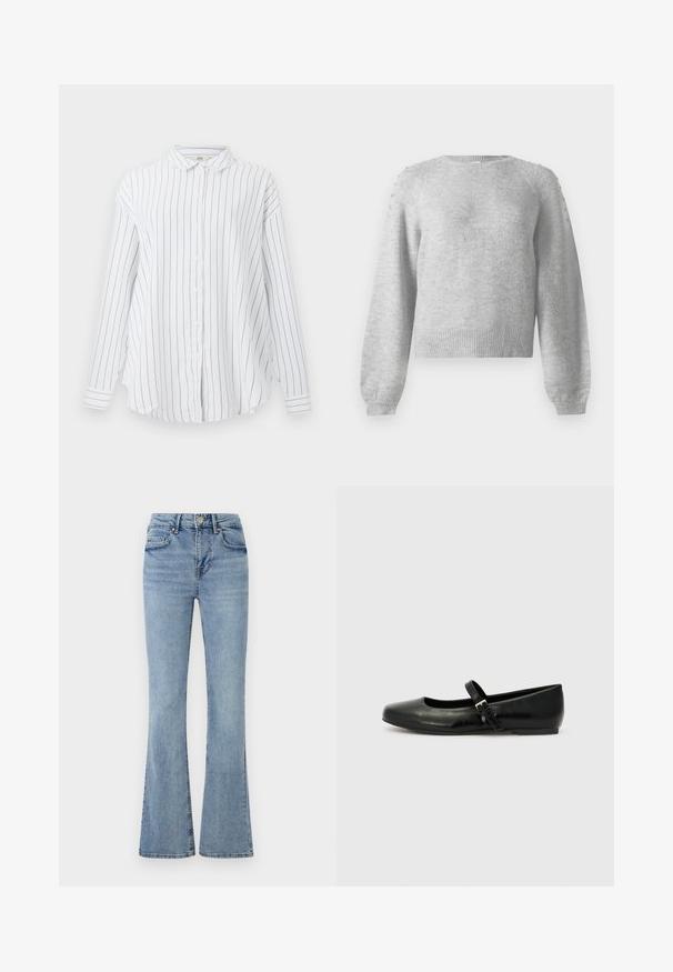 Grå sweater med rund halsudskæring, lange ærmer og ribbet kant. Har dekorative detaljer på skuldrene, lavet af blødt, tekstureret stof.; Hvid langærmet button-up skjorte med sorte lodrette striber og klassisk krave, præsenteret mod en ensfarvet baggrund.; Lyseblå denimjeans med høj talje, frontknap og lynlås, fem lommer og let udvidede ben.; Sorte læder balletflade med rund tå, flad sål og en tynd justerbar rem over svangen med en metalspænde.