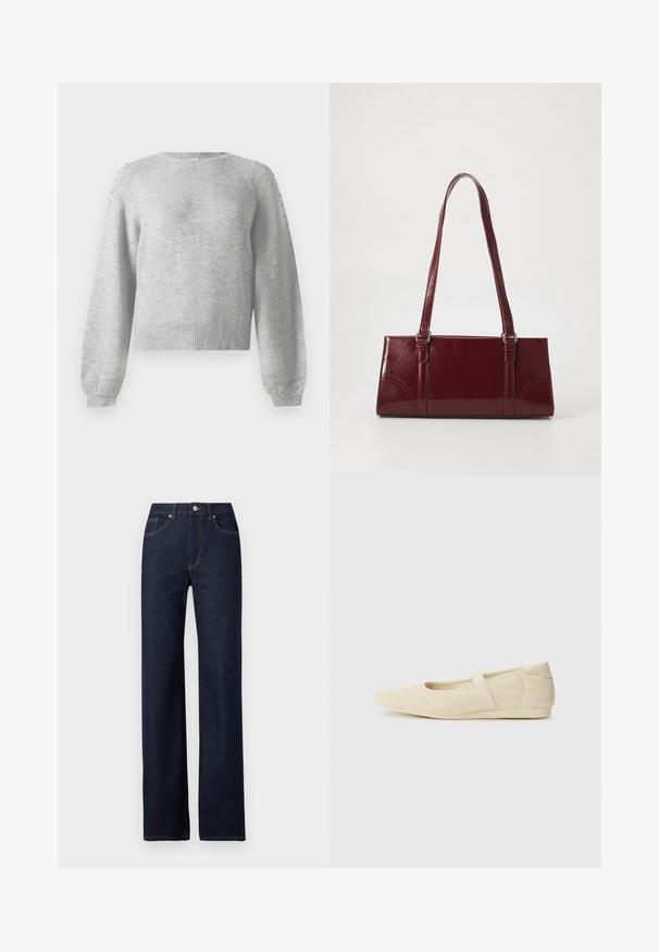 Grijze trui met een ronde hals, lange mouwen en geribbelde zoom. Bevat decoratieve details op de schouders, gemaakt van zachte, textuurrijke stof.; Donkerblauwe denim jeans met een rechte pijp, klassieke vijf-pocketstijl, zichtbare stiksels en een knoopsluiting aan de voorkant.; Beige ballerina's met een gladde leren buitenkant, amandelvormige punt en elastische band over de wreef, met subtiele stiksels.; Bourgondische handtas van glanzend materiaal, rechthoekige vorm, met twee schouderbanden en subtiele gebogen accenten aan de voorkant.