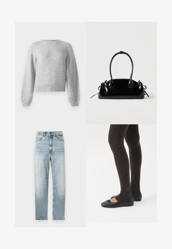 Grijze trui met een ronde hals, lange mouwen en geribbelde zoom. Bevat decoratieve details op de schouders, gemaakt van zachte, textuurrijke stof.; Lichtblauwe denim jeans met een recht gesneden pijp, voorzien van een knoop- en ritssluiting, vijf zakken en subtiele vervaging.; Benen met donkere geribbelde leggings gecombineerd met zwarte ballerina's met kleine strikdetails op een witte achtergrond.; Kleine zwarte glanzende handtas met twee lange hengsels en zijkant trekkoord details op een effen lichte achtergrond.