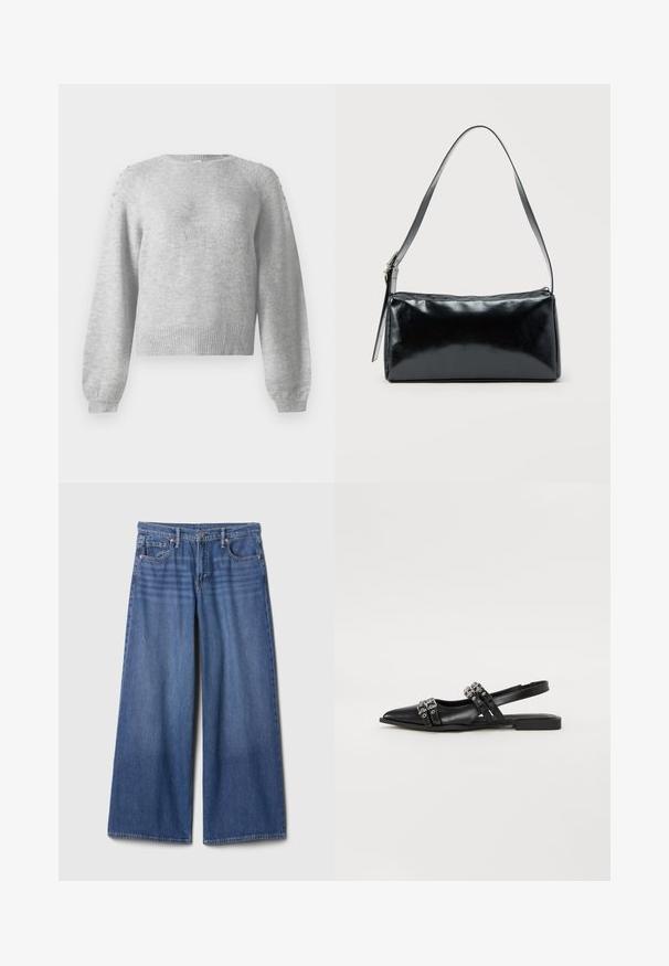 Grauer Pullover mit rundem Ausschnitt, langen Ärmeln und geripptem Saum. Verfügt über dekorative Details an den Schultern, hergestellt aus weichem, strukturiertem Stoff.; Weit geschnittene Jeans aus mittlerem Blau mit hoher Taille, fünf Taschen und Ziernähten. Glatte Textur, schlichtes Finish.; Even&Odd by Zalando Sling-Ballerina - black; Schwarze rechteckige Schultertasche mit einem verstellbaren Riemen und einem oberen Reißverschluss vor einfachem Hintergrund.