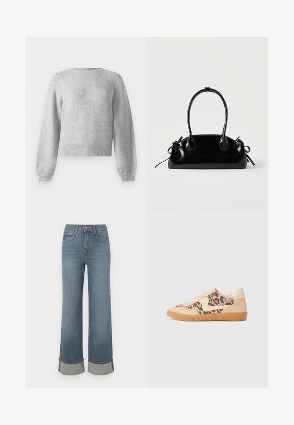 Grijze trui met een ronde hals, lange mouwen en geribbelde zoom. Bevat decoratieve details op de schouders, gemaakt van zachte, textuurrijke stof.; Wijdvallende blauwe denim jeans hebben een hoge taille, opgerolde hems met grijze accenten, een vijf-pocket ontwerp en een knoopsluiting aan de voorkant.; Luipaardprint sneakers met een beige suède bovenkant, tan rubberen zool en witte accenten. Ronde neus en vetersluiting met een gestructureerde afwerking.; Kleine zwarte glanzende handtas met twee lange hengsels en zijkant trekkoord details op een effen lichte achtergrond.