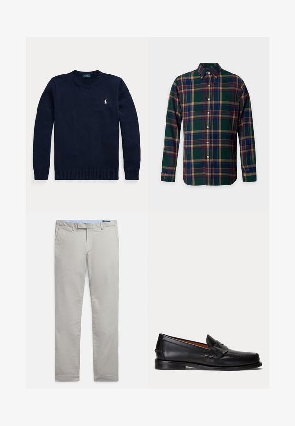 Jersey azul marino con cuello redondo, mangas largas y un pequeño logo blanco de Polo Ralph Lauren en el lado izquierdo del pecho.; Camisa de manga larga con botones con patrón de cuadros en verde, azul marino, rojo y beige y cuello abotonado.; Pantalones chinos gris claro hechos de tejido de algodón suave, con un diseño clásico, piernas rectas, bolsillos laterales y un acabado limpio en los dobladillos.; Mocasín negro de cuero con tacón bajo y detalle de correa para moneda, mostrado de lado sobre un fondo gris claro.