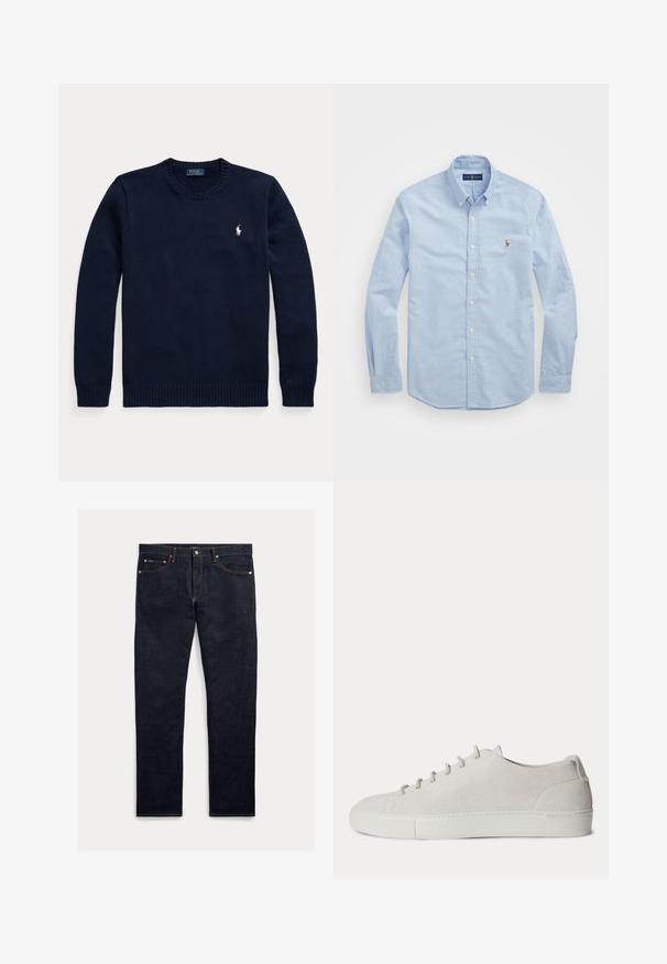 Navyblå rundhalset sweater med lange ærmer og et lille hvidt Polo Ralph Lauren-logo på venstre bryst.; Lyseblå langærmet skjorte med knapper lavet af bomuld, med en klassisk krave og et lille rødt broderet logo på brystet.; Mørke denimjeans med lige ben, fem lommer, orange syninger og lukning med knapper. Stoffet har en glat tekstur.; Hvid lav-sneakers i ruskind med snørelukning foran og gummisål, minimalistisk design.