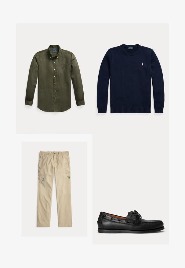 Tmavě modrý svetr s kulatým výstřihem a dlouhými rukávy s malým bílým logem Polo Ralph Lauren na levé straně hrudi.; Košile s dlouhým rukávem olivově zelená na knoflíky s límečkem s knoflíky a malým modrým vyšívaným logem na levé hrudi.; Béžové bavlněné kalhoty s vyšívanými motivy, včetně stromů a hor, se zapínáním na knoflíky a poutky na opasek.; Černý kožený mokasín s šněrovacími detaily a nízkou gumovou podrážkou, zobrazený z boku na světlém pozadí.