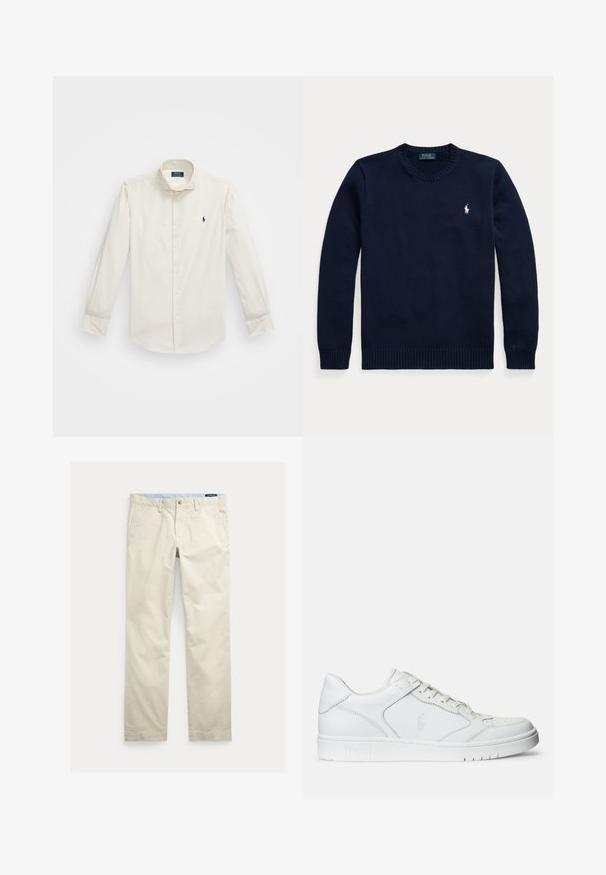 Tmavomodrý sveter s okrúhlym výstrihom a dlhými rukávmi s malým bielym logom Polo Ralph Lauren na ľavej strane hrude.; Biela dlhá košeľa s dlhým rukávom vyrobená z bavlny, s golierom na gombíky, jednou náprsní kapsou a malým námorným logom na ľavej strane.; Béžové bavlnené nohavice s rovnými nohavicami, opaskové pútká, predné zapínanie na gombík, zips a bočné vrecká.; Biele kožené tenisky s hladkým povrchom, obsahujúce perforovanú špičku, šnúrkové uzatvorenie a vyšívané logo na boku. Biela gumová podrážka.