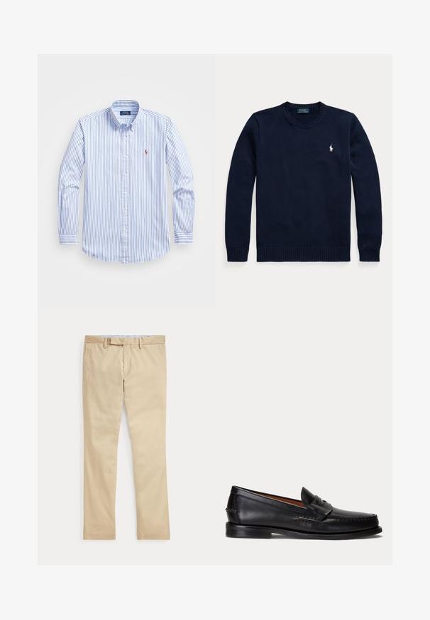 Marineblauer Pullover mit Rundhalsausschnitt und langen Ärmeln sowie kleinem weißen Polo Ralph Lauren Logo auf der linken Brust.; Hellblau-weiß gestreiftes Hemd mit Knöpfen, ausgestattet mit Kragen, langen Ärmeln und einem kleinen Logo auf der Brust. Aus Baumwollmaterial.; Beige gerade Hose mit Gürtelschlaufen und einem vorderen Reißverschluss, flach auf weißem Hintergrund gelegt.; Schwarzer Lederloafer mit niedrigem Absatz und Pennyriemendetail, von der Seite auf hellgrauem Hintergrund gezeigt.