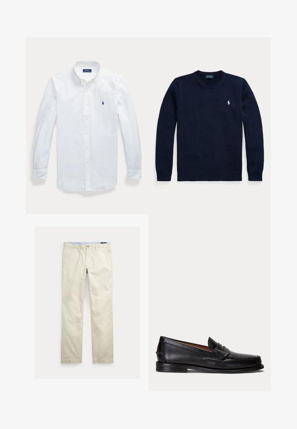 Tmavomodrý sveter s okrúhlym výstrihom a dlhými rukávmi s malým bielym logom Polo Ralph Lauren na ľavej strane hrude.; Biela košeľa s dlhým rukávom, gombíkmi a golierom, vyšívané logo Polo Ralph Lauren na ľavej strane hrude.; Béžové bavlnené nohavice s rovnými nohavicami, opaskové pútká, predné zapínanie na gombík, zips a bočné vrecká.; Čierny kožený mokasín s nízkym podpätkom a detailom s penny remienkom, zobrazený z boku na svetlosivom pozadí.