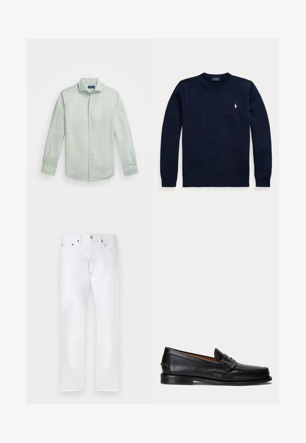 Tumesinine ümar kaelusega kampsun pikkade varrukatega ja väike valge Polo Ralph Laureni logo vasakul rinnal.; Heleda haljuvaheline helesinine särk, millel on väike valge täpikiri, klassikaline krae, pikad varrukad ja ümar äär.; Valged kitsad teksad, millel on viis taskut, nööbiga sulgur ja vööaasad, esitatud lamedalt valgel taustal.; Mustast nahast loafer madala kontsa ja penny rihma detailiga, näidatud küljelt helehallil taustal.