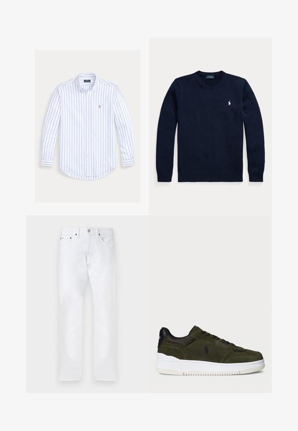 Tmavomodrý sveter s okrúhlym výstrihom a dlhými rukávmi s malým bielym logom Polo Ralph Lauren na ľavej strane hrude.; Košeľa s dlhým rukávom na gombíky, s bledomodrými zvislými pruhmi a malým vyšívaným logom na ľavej strane hrude.; Biele úzke rifle s piatimi vreckami, zapínaním na gombík a pútkami na opasok, zobrazené na bielom pozadí.; Zelené semišové tenisky s čiernou sieťovinou a koženými akcentmi, biela gumová podrážka, zaoblený tvar a vyrazené logo na boku.