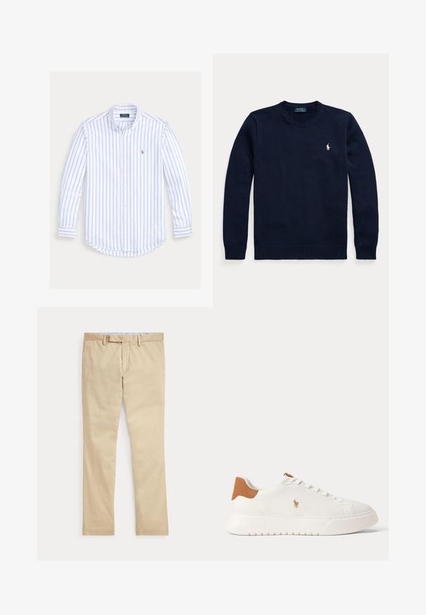 Navyblå rundhalset sweater med lange ærmer og et lille hvidt Polo Ralph Lauren-logo på venstre bryst.; Langærmet skjorte med knapper, lyseblå lodrette striber og et lille broderet logo på venstre bryst.; Beige bukser med lige ben, bæltestropper og frontlynlås, lagt fladt mod en hvid baggrund.; Hvid lavtop sneaker med tan hælfane, hvide snørebånd og lille broderet polo-spiller logo på siden over en tyk sål.
