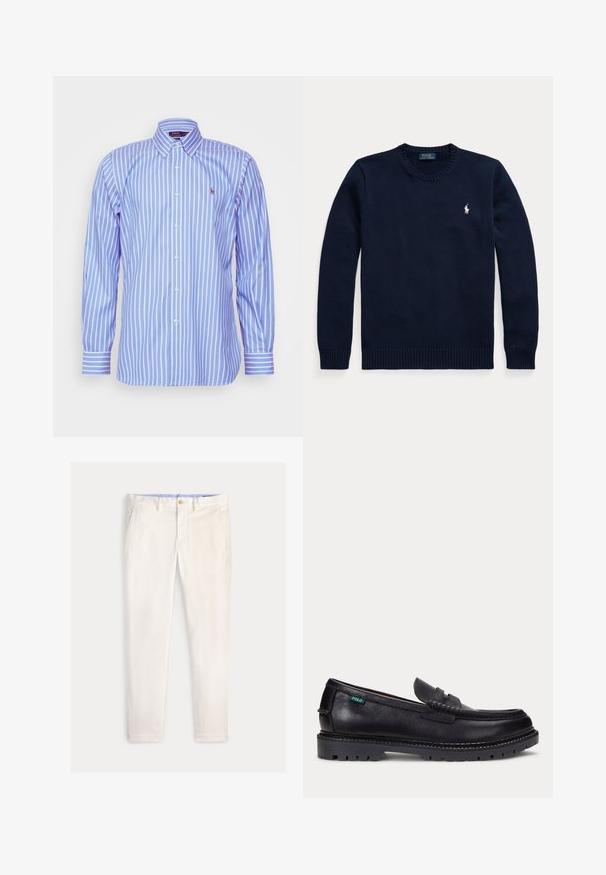 Tumesinine ümar kaelusega kampsun pikkade varrukatega ja väike valge Polo Ralph Laureni logo vasakul rinnal.; Polo Ralph Lauren CUSTOM FIT STRIPED PINPOINT OXFORD SHIRT - Pluus - blue/white; Meeste õhukesed valkjaskollased püksid esikotste, vööaasade ja nööpkinnitusega ühevärvilisel taustal.; Mustast nahast loafer paksu soonelise tallaga ja väike roheline "Polo" silt välisküljel kanna lähedal.