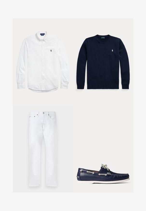 Pull bleu marine col rond à manches longues avec un petit logo blanc Polo Ralph Lauren sur le côté gauche de la poitrine.; Chemise blanche à manches longues avec boutons, col boutonné et petit logo Polo Ralph Lauren foncé sur la poitrine gauche.; Jean blanc slim ajusté avec cinq poches, fermeture à boutons et passants pour ceinture, présenté à plat sur un fond blanc.; Chaussure bateau en cuir bleu marine avec lacets et coutures blancs, dotée d'une semelle en caoutchouc blanche et d'œillets métalliques sur fond clair.