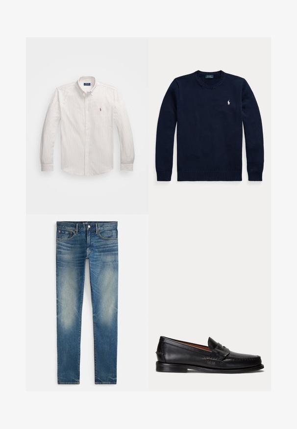 Tumesinine ümar kaelusega kampsun pikkade varrukatega ja väike valge Polo Ralph Laureni logo vasakul rinnal.; Valge nööpidega särk, millel on õhukesed vertikaalsed triibud heles beežis. Omab klassikalist kraed, pikki varrukaid ja väikest tikandiga logo rinnal.; Sinised tuhm koosseisuga kitsad teksad, nööbi ja tõmbluku kinnitusega, esikülje taskud ja väike münditasku, esitage valgel taustal lahtiselt.; Mustast nahast loafer madala kontsa ja penny rihma detailiga, näidatud küljelt helehallil taustal.