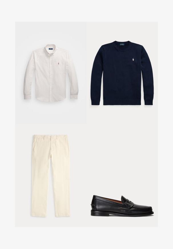 Donkerblauwe trui met ronde hals, lange mouwen en een klein wit Polo Ralph Lauren-logo op de linkerborst.; Witte button-up blouse met dunne verticale strepen in lichtbeige. Heeft een klassieke kraag, lange mouwen en een klein geborduurd logo op de borst.; Crèmekleurige recht gesneden broek met riemlussen en zijzakken, plat liggend afgebeeld tegen een lichte achtergrond.; Zwarte leren loafer met lage hak en penny-strap detail, van opzij getoond op een lichtgrijze achtergrond.