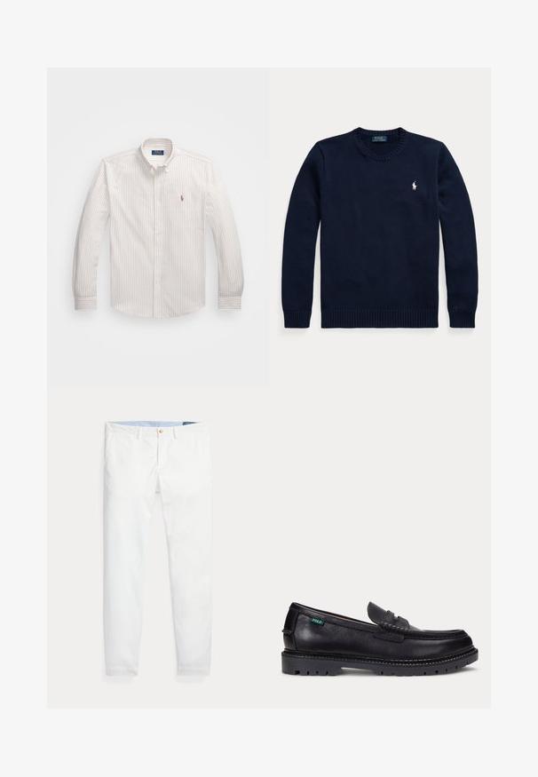 Marineblauer Pullover mit Rundhalsausschnitt und langen Ärmeln sowie kleinem weißen Polo Ralph Lauren Logo auf der linken Brust.; Weißes Hemd mit knopflosem Kragen und feinen vertikalen Streifen in hellem Beige. Es hat einen klassischen Kragen, lange Ärmel und ein kleines gesticktes Logo auf der Brust.; Weiße Baumwoll-Chinos mit schmaler Passform, ausgestattet mit einem einzigen goldfarbenen Knopfverschluss und einem hellblauen inneren Bund. Glatte Textur ohne Muster.; Schwarzer Lederloafer mit dicker Profilsohle und kleinem grünen "Polo"-Etikett an der Außenseite nahe der Ferse.