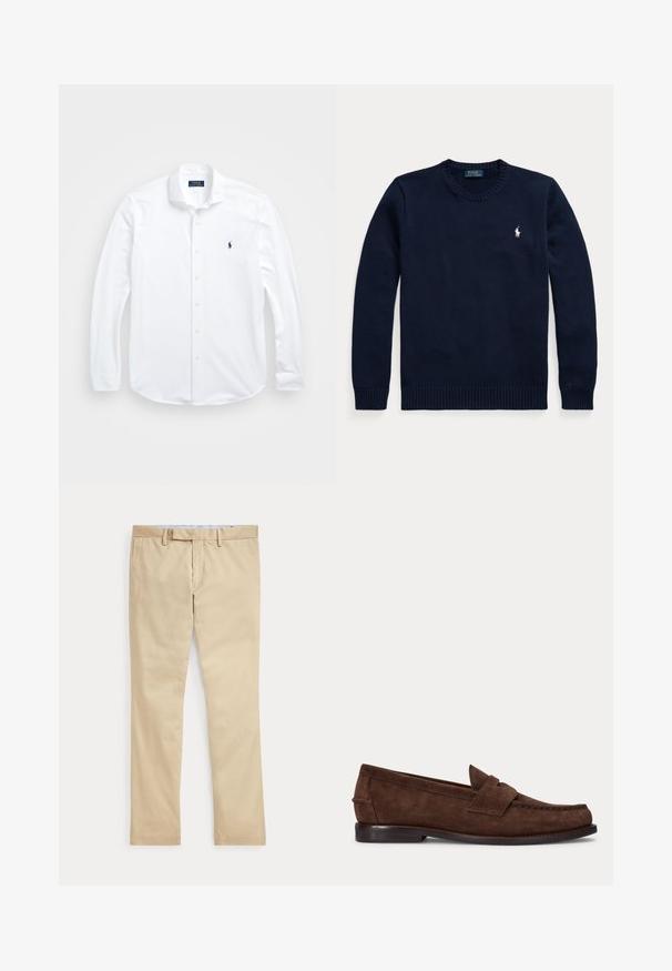 Donkerblauwe trui met ronde hals, lange mouwen en een klein wit Polo Ralph Lauren-logo op de linkerborst.; Witte lange mouwen knoopshirt van katoen. Heeft een klassieke kraag, normale pasvorm en een klein marineblauw logo op de borst.; Beige broek met rechte pijpen, ceintuurlussen en een voorrits, plat gelegd tegen een witte achtergrond.; Bruine suède penny loafer met lage hak en zichtbare stiksels langs de neus, zijkant en achterkant, weergegeven op een effen lichte achtergrond.
