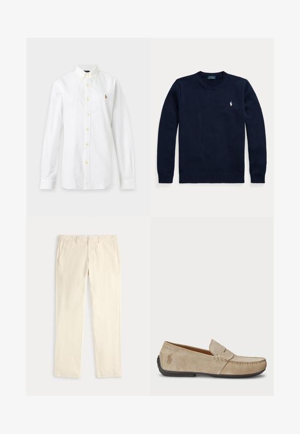 Tmavomodrý sveter s okrúhlym výstrihom a dlhými rukávmi s malým bielym logom Polo Ralph Lauren na ľavej strane hrude.; Biela košeľa s dlhým rukávom na zapínanie na gombíky s golierom a malým vyšívaným logom na ľavej strane hrude na jednofarebnom pozadí.; Krémové nohavice rovného strihu s pútkami na opasok a bočnými vreckami, zobrazené na svetlom pozadí.; Béžové semišové mokasíny s prešívaním, plochou gumenou podrážkou a malým logom na strane. Klasický dizajn na obúvanie, mäkká textúra.