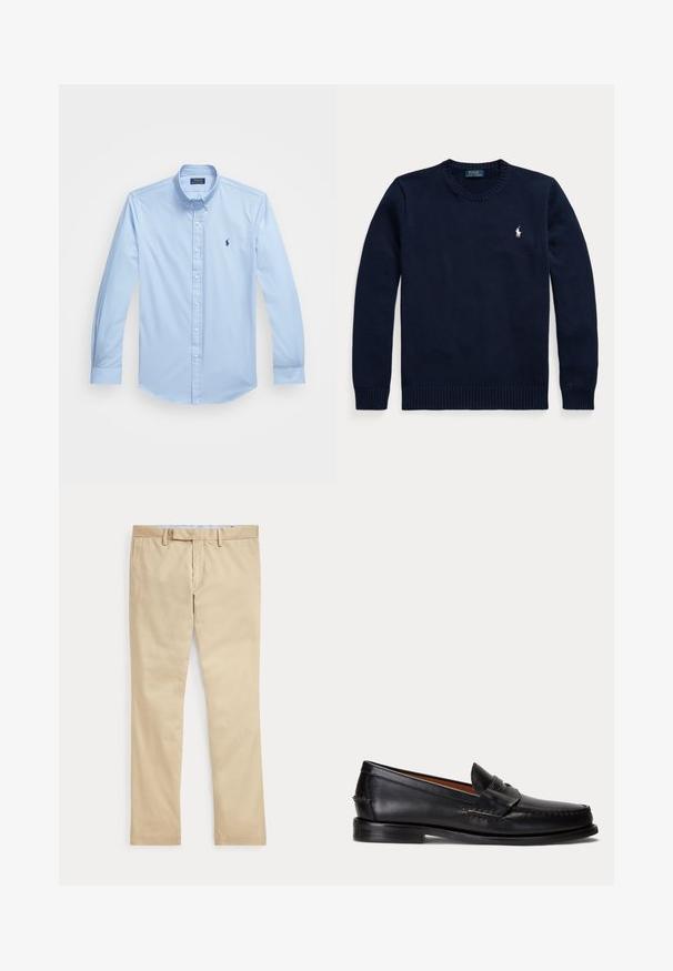 Donkerblauwe trui met ronde hals, lange mouwen en een klein wit Polo Ralph Lauren-logo op de linkerborst.; Lichtblauw overhemd met lange mouwen, gemaakt van katoen, met een puntige kraag en een geborduurd logo op de linkerborst. Vlakke voorkant ontwerp.; Beige broek met rechte pijpen, ceintuurlussen en een voorrits, plat gelegd tegen een witte achtergrond.; Zwarte leren loafer met lage hak en penny-strap detail, van opzij getoond op een lichtgrijze achtergrond.