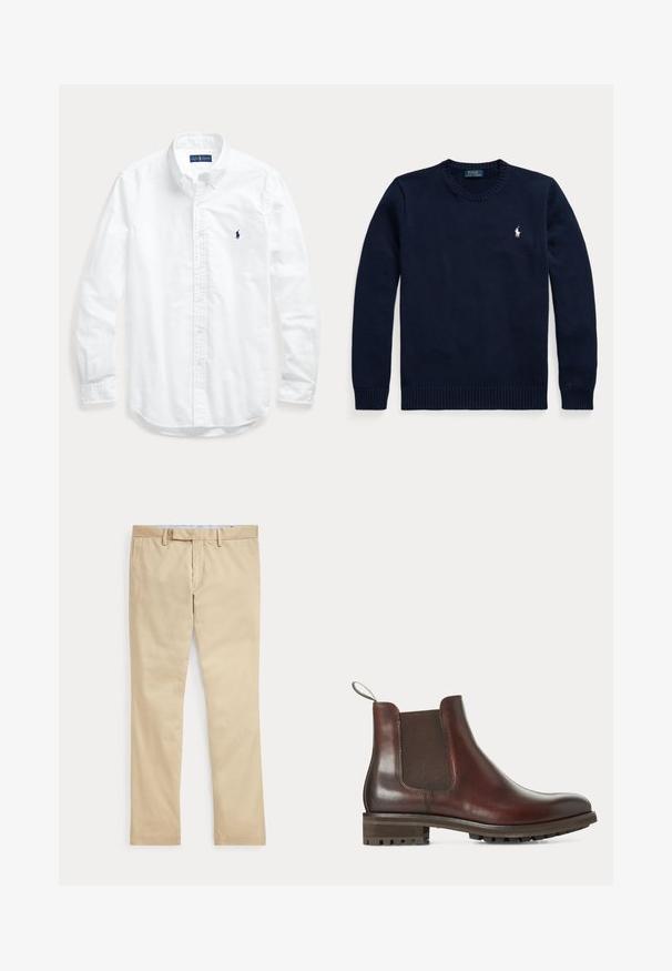 Tmavomodrý sveter s okrúhlym výstrihom a dlhými rukávmi s malým bielym logom Polo Ralph Lauren na ľavej strane hrude.; Biela košeľa s dlhým rukávom na gombíky s golierom a malým tmavým logom na ľavej hrudi, položená na svetlom pozadí.; Béžové nohavice s rovnými nohavicami, s pútkami na opasok a predným zipsom, položené na bielom pozadí.; Hnedá kožená Chelsea čižma s elastickým bočným panelom, sťahovacou pútkom na päte a hrubou gumovou podrážkou so vzorom.