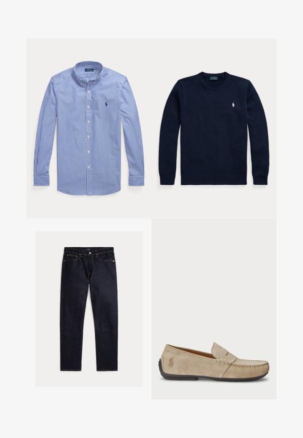 Tmavomodrý sveter s okrúhlym výstrihom a dlhými rukávmi s malým bielym logom Polo Ralph Lauren na ľavej strane hrude.; Modrá a biela vertikálne pruhovaná košeľa s dlhým rukávom, zapínaná na gombíky, s gombíkovým golierom a logom Polo Ralph Lauren na hrudi.; Tmavomodré rovné rifle s piatimi vreckami, zapínaním na gombík a zips, so z kontrastným oranžovým prešívaním na jednofarebnom pozadí.; Béžové semišové mokasíny s prešívaním, plochou gumenou podrážkou a malým logom na strane. Klasický dizajn na obúvanie, mäkká textúra.