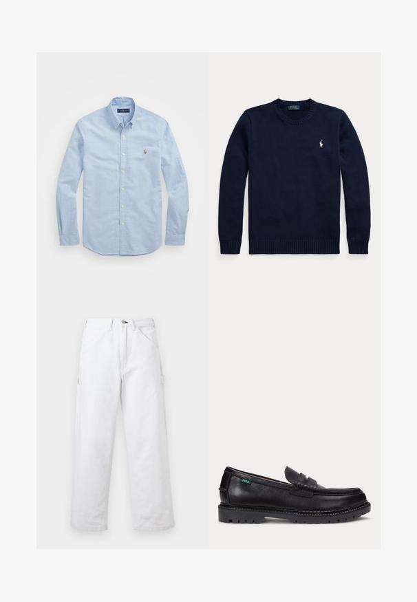 Tmavomodrý sveter s okrúhlym výstrihom a dlhými rukávmi s malým bielym logom Polo Ralph Lauren na ľavej strane hrude.; Svetlomodrá košeľa s dlhým rukávom na gombíky vyrobená z bavlny, s klasickým golierom a malým červeným vyšitým logom na hrudi.; Biele nohavice s vysokým pásom a rovnými nohavicami, s pútkami na opasok, prednými vreckami, zapínaním na gombíky a bočným úžitkovým vreckom na jednofarebnom pozadí.; Čierny kožený mokasín s hrubou drsnou podrážkou a malou zelenou značkou "Polo" na vonkajšej strane pri päte.