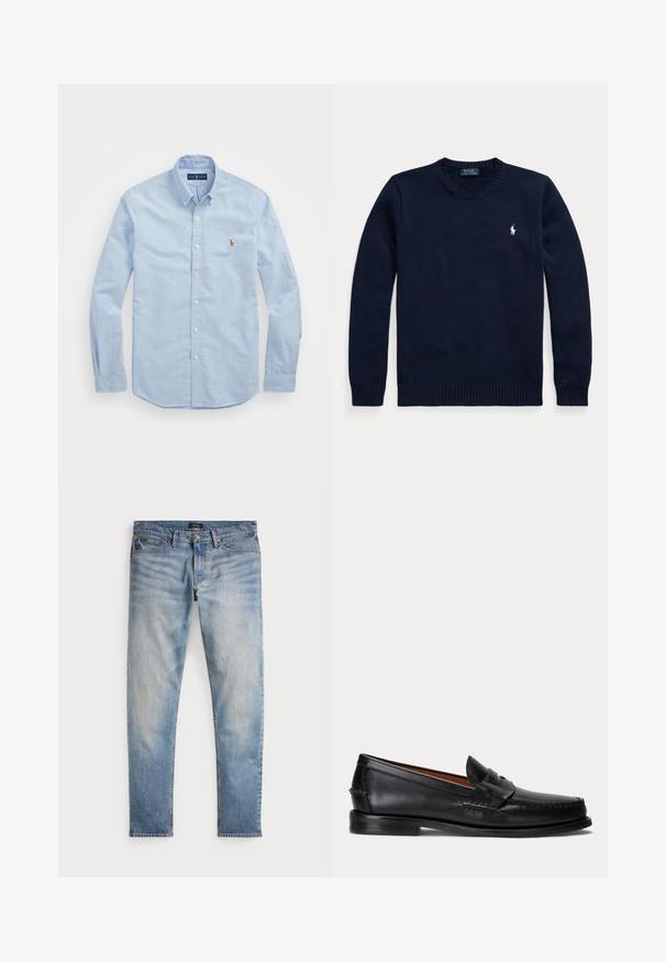 Tmavomodrý sveter s okrúhlym výstrihom a dlhými rukávmi s malým bielym logom Polo Ralph Lauren na ľavej strane hrude.; Svetlomodrá košeľa s dlhým rukávom na gombíky vyrobená z bavlny, s klasickým golierom a malým červeným vyšitým logom na hrudi.; Svetlomodré denimové nohavice s bledým povrchom, dizajnom na päť vreciek a kontrastným prešívaním. Obsahujú zips a pútka na opasok. Rovný strih.; Čierny kožený mokasín s nízkym podpätkom a detailom s penny remienkom, zobrazený z boku na svetlosivom pozadí.