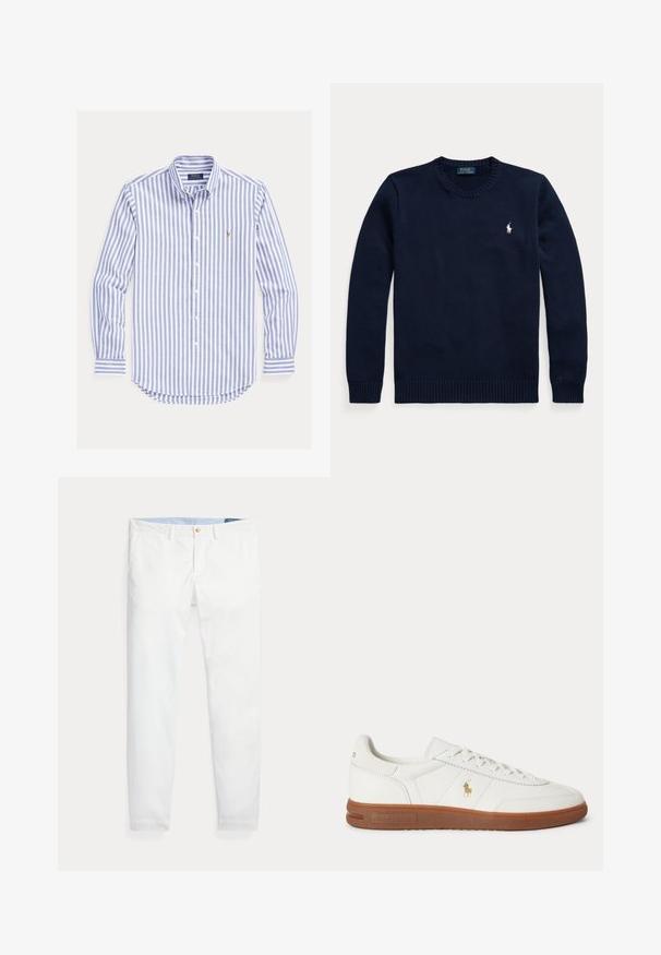 Tmavomodrý sveter s okrúhlym výstrihom a dlhými rukávmi s malým bielym logom Polo Ralph Lauren na ľavej strane hrude.; Modro-biela vertikálne pruhovaná košeľa s dlhým rukávom, gombíkovým zapínaním, gombíkovým golierom a malým vyšitým logom na hrudi.; Biele bavlnené chino nohavice s úzkym strihom, so zlatým jedným gombíkom na zapínanie a svetlomodrým vnútorným pásom. Hladká textúra bez vzorov.; Biele nízke tenisky s hnedou podrážkou, šnurovaním vpredu a malým zlatým logom Polo Ralph Lauren na boku.