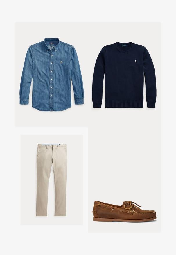 Tmavomodrý sveter s okrúhlym výstrihom a dlhými rukávmi s malým bielym logom Polo Ralph Lauren na ľavej strane hrude.; Modrá rifľová košeľa s dlhým rukávom, golierom a malým vyšívaným logom na ľavej strane hrudníka vedľa gombíkov.; Béžové rovné bavlnené nohavice s prednými vreckami, pútkami na opasok, zapínaním na gombík a zipsom, zobrazené položené na bielom pozadí.; Hnedá kožená lodná topánka s mokasínovým šitím, detailom šnúrky prestrčenej kovovými očkami a plochou gumovou podrážkou zobrazená z bočného pohľadu.